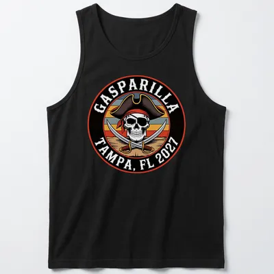 Vintage Gasparilla shirt featuring a pirate skull and festival text in multiple colors — printed on a tank top