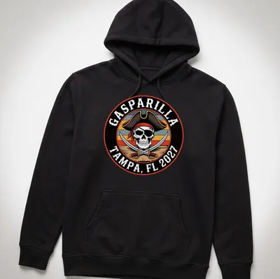 Vintage Gasparilla shirt featuring a pirate skull and festival text in multiple colors — printed on a unisex hoodie