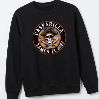 Vintage Gasparilla shirt featuring a pirate skull and festival text in multiple colors — printed on a unisex sweatshirt