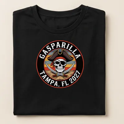 Vintage Gasparilla shirt featuring a pirate skull and festival text in multiple colors — printed on a women's shirt