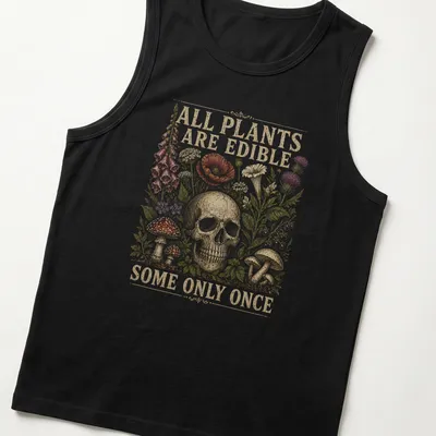Vintage-style tee with a skull and plants along with a humorous slogan — printed on a tank top