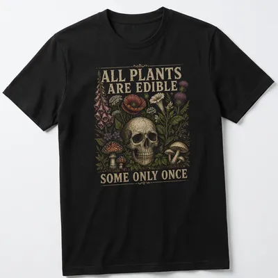 Vintage-style tee with a skull and plants along with a humorous slogan