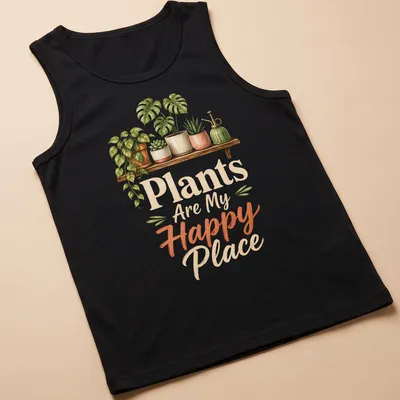 Watercolor print of houseplants on a shelf with the text 'Plants Are My Happy Place' — printed on a tank top