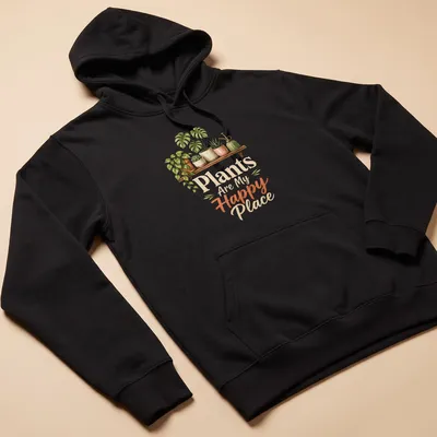 Watercolor print of houseplants on a shelf with the text 'Plants Are My Happy Place' — printed on a unisex hoodie