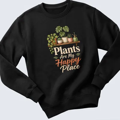 Watercolor print of houseplants on a shelf with the text 'Plants Are My Happy Place' — printed on a unisex sweatshirt