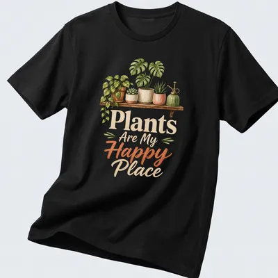 Watercolor print of houseplants on a shelf with the text 'Plants Are My Happy Place'