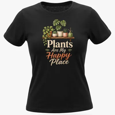 Watercolor print of houseplants on a shelf with the text 'Plants Are My Happy Place' — printed on a women's shirt