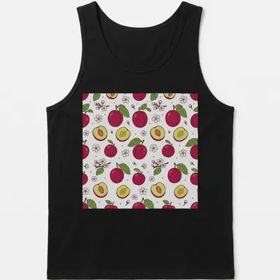 Cute illustration of plums and blossoms in pink, green, and yellow tones. — printed on a tank top