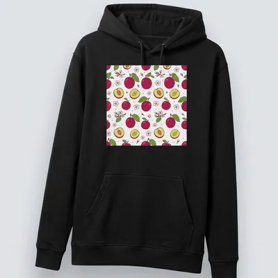 Cute illustration of plums and blossoms in pink, green, and yellow tones. — printed on a unisex hoodie