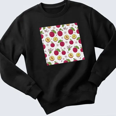 Cute illustration of plums and blossoms in pink, green, and yellow tones. — printed on a unisex sweatshirt