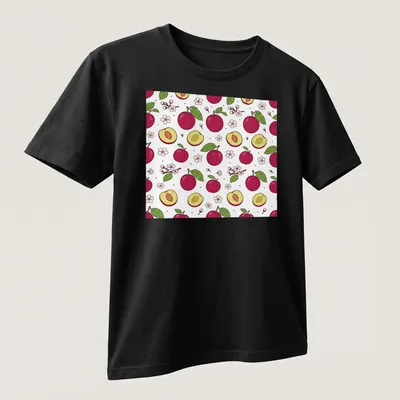 Cute illustration of plums and blossoms in pink, green, and yellow tones. — printed on a unisex t-shirt (angled view)