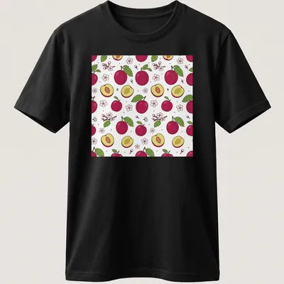 Cute illustration of plums and blossoms in pink, green, and yellow tones. — printed on a unisex t-shirt