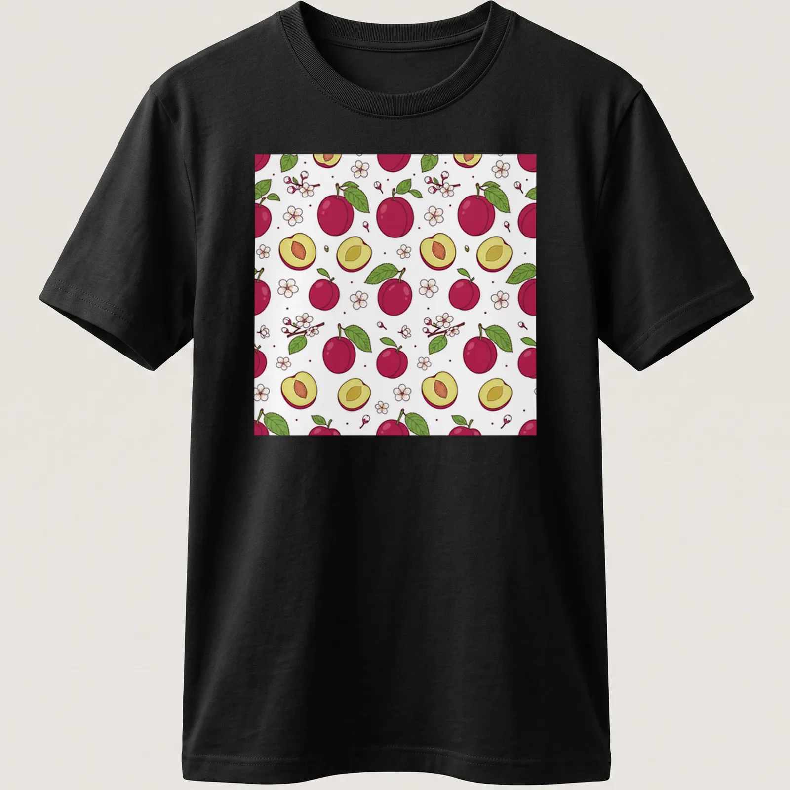 Cute illustration of plums and blossoms in pink, green, and yellow tones. — printed on a unisex t-shirt