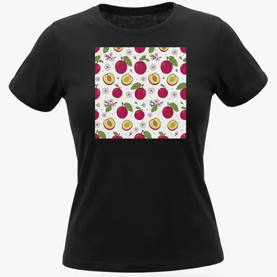 Cute illustration of plums and blossoms in pink, green, and yellow tones. — printed on a women's shirt