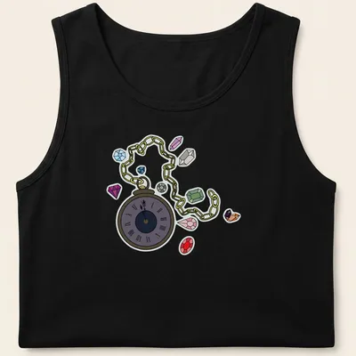 Cartoon pocket watch design with colorful gems and whimsical text — printed on a tank top