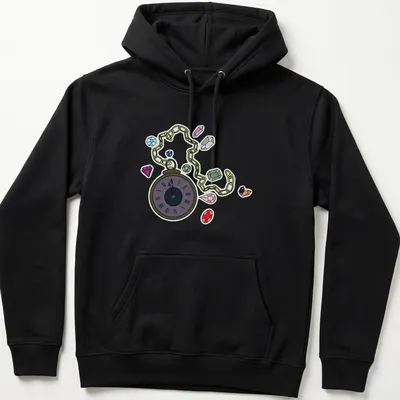Cartoon pocket watch design with colorful gems and whimsical text — printed on a unisex hoodie