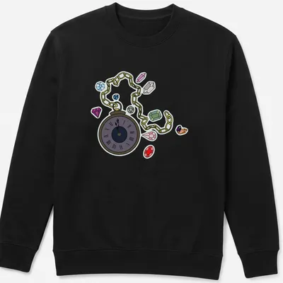 Cartoon pocket watch design with colorful gems and whimsical text — printed on a unisex sweatshirt