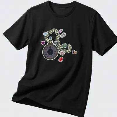 Cartoon pocket watch design with colorful gems and whimsical text
