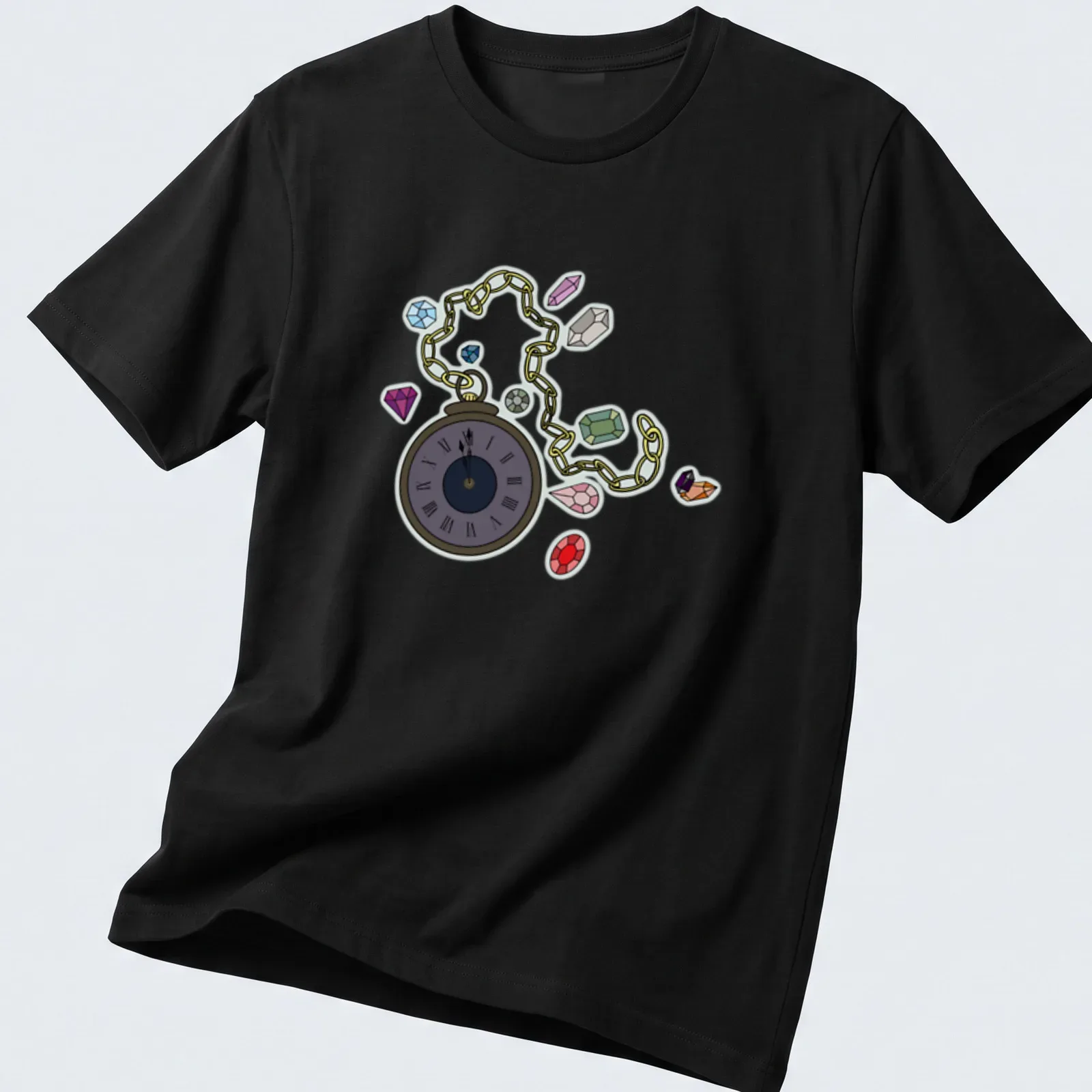 Cartoon pocket watch design with colorful gems and whimsical text — printed on a unisex t-shirt