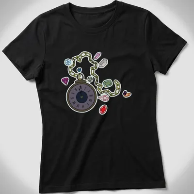 Cartoon pocket watch design with colorful gems and whimsical text — printed on a women's shirt
