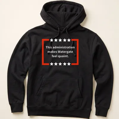 Bold text t-shirt with political commentary about Watergate in red and white. — printed on a unisex hoodie