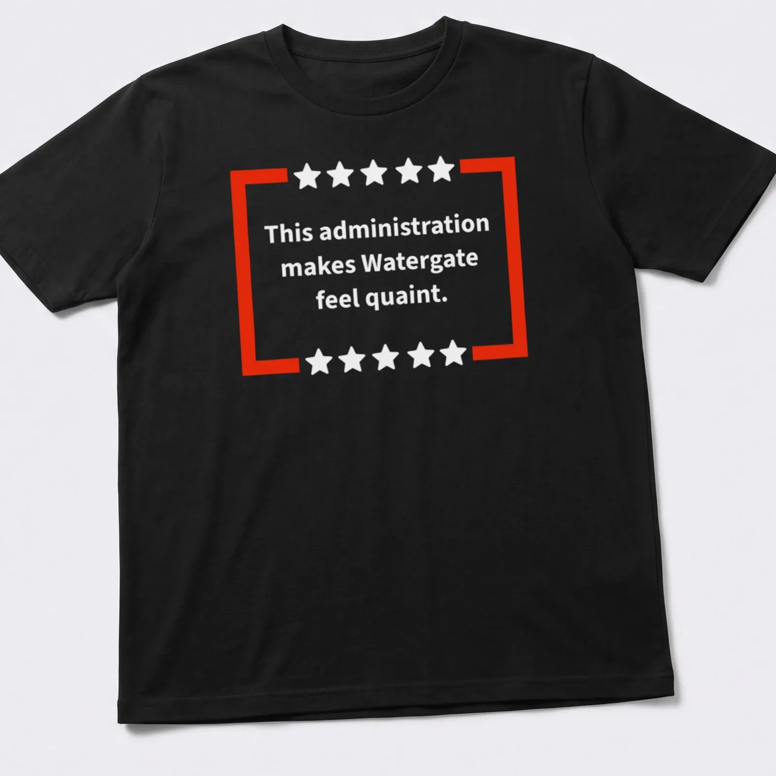 Bold text t-shirt with political commentary about Watergate in red and white. — printed on a unisex t-shirt