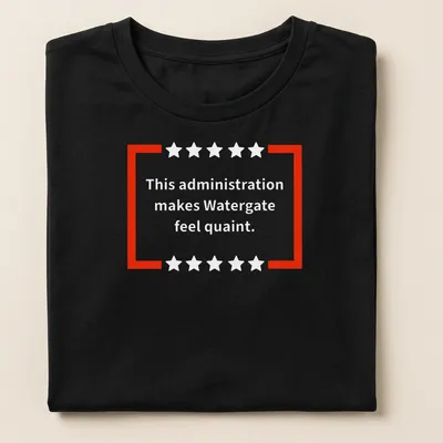 Bold text t-shirt with political commentary about Watergate in red and white. — printed on a women's shirt