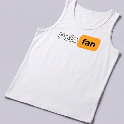 Modern minimalist Polo Fan t-shirt with bold typography in black, orange, and white — printed on a tank top
