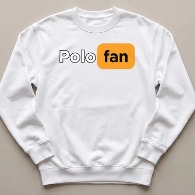 Modern minimalist Polo Fan t-shirt with bold typography in black, orange, and white — printed on a unisex sweatshirt