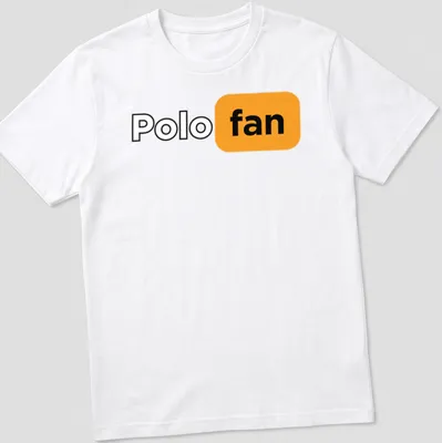 Modern minimalist Polo Fan t-shirt with bold typography in black, orange, and white
