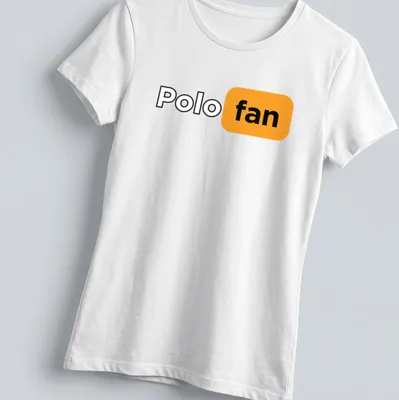Modern minimalist Polo Fan t-shirt with bold typography in black, orange, and white — printed on a women's shirt