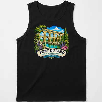 Vibrant illustration of the Pont Du Gard aqueduct with colorful text above. — printed on a tank top