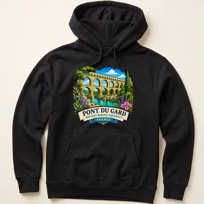 Vibrant illustration of the Pont Du Gard aqueduct with colorful text above. — printed on a unisex hoodie