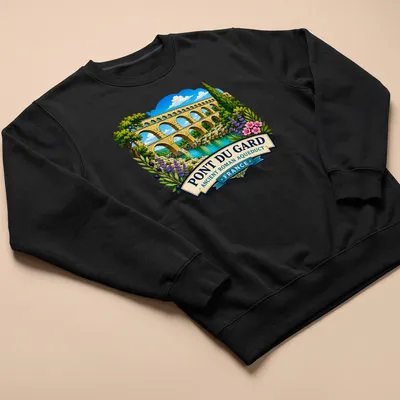 Vibrant illustration of the Pont Du Gard aqueduct with colorful text above. — printed on a unisex sweatshirt