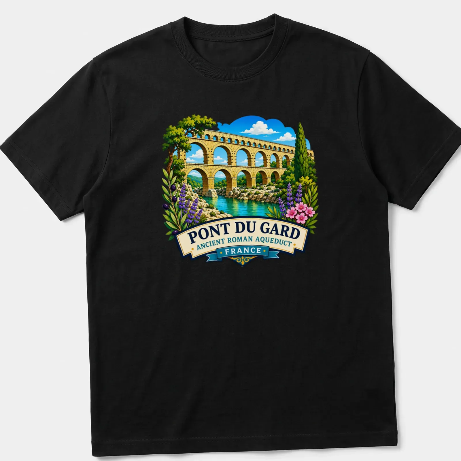Vibrant illustration of the Pont Du Gard aqueduct with colorful text above. — printed on a unisex t-shirt
