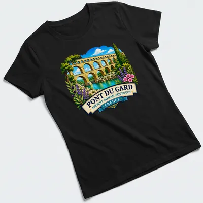 Vibrant illustration of the Pont Du Gard aqueduct with colorful text above. — printed on a women's shirt
