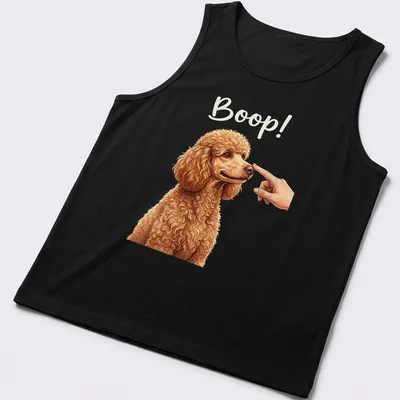 Realistic illustration of a poodle dog with the word 'Boop!' next to it. — printed on a tank top