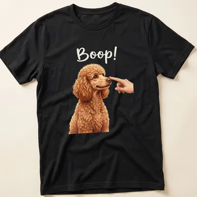 Realistic illustration of a poodle dog with the word 'Boop!' next to it.