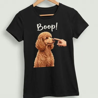 Realistic illustration of a poodle dog with the word 'Boop!' next to it. — printed on a women's shirt