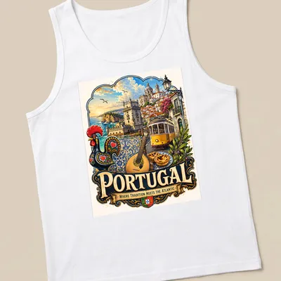 Vintage travel poster style t-shirt featuring tram, rooster, and coastal scenery — printed on a tank top