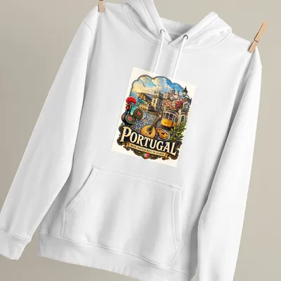 Vintage travel poster style t-shirt featuring tram, rooster, and coastal scenery — printed on a unisex hoodie