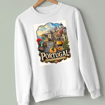 Vintage travel poster style t-shirt featuring tram, rooster, and coastal scenery — printed on a unisex sweatshirt