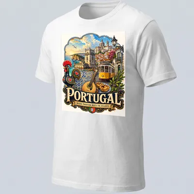 Vintage travel poster style t-shirt featuring tram, rooster, and coastal scenery