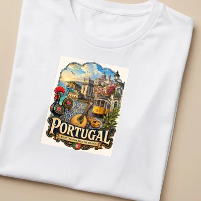 Vintage travel poster style t-shirt featuring tram, rooster, and coastal scenery — printed on a women's shirt