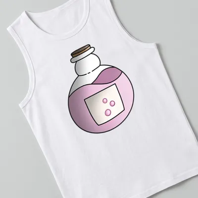 Kawaii line-art of a potion bottle filled with pink liquid — printed on a tank top