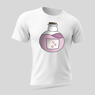 Kawaii line-art of a potion bottle filled with pink liquid — printed on a unisex t-shirt (angled view)