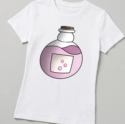 Kawaii line-art of a potion bottle filled with pink liquid — printed on a women's shirt