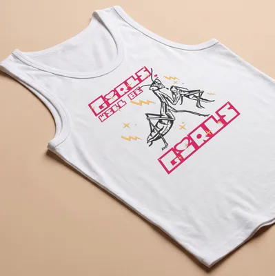 Bold cartoon design of a praying mantis with text 'Girls Will Be Girls' in pink and gold — printed on a tank top