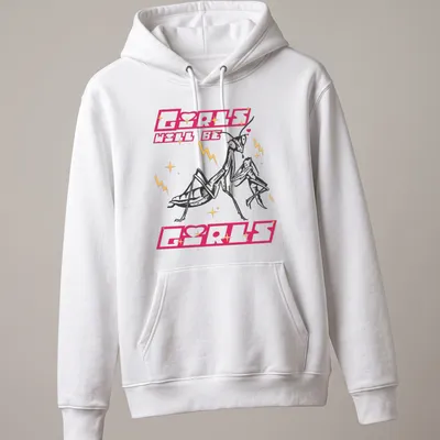 Bold cartoon design of a praying mantis with text 'Girls Will Be Girls' in pink and gold — printed on a unisex hoodie