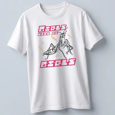 Bold cartoon design of a praying mantis with text 'Girls Will Be Girls' in pink and gold